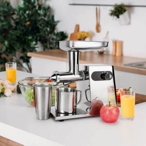 304 stainless steel cold press juicer machine on kitchen counter with fresh juice and fruits