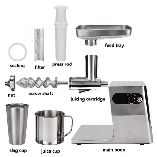 Stainless steel juicer parts including main body, juicing cartridge, screw shaft, nut, filter, sealing ring, press rod, feed tray, slag cup, and juice cup.