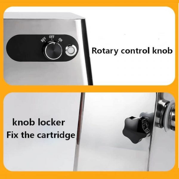 Close-up of a stainless steel juicer showing the rotary control knob and cartridge fixing knob locker.
